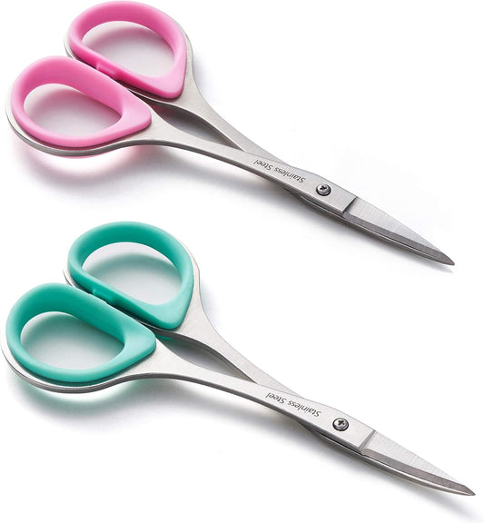 Beaditive Sewing and Embroidery Scissors Set (2 Pc.) Curved and Straight, Sharp, Stainless-Steel Design | Precision Tips, Ergonomic Rubber Handle Grip | Small, Compact DIY Use (1 Curved, 1 Straight)
