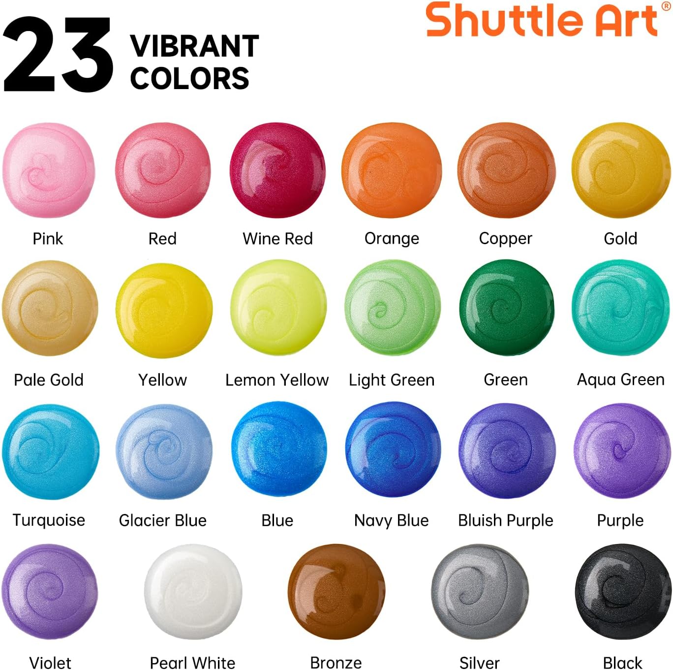 24 Pack Metallic Acrylic Pouring Paint, Shuttle Art 23 Metallic Colors Ready-to-pour Acrylic Paint with 1 Silicon Oil, 60ml/2oz Each, Rich Pigment, High Flow Pouring Paint Set for Canvas, Rock, Ceramic, Wood