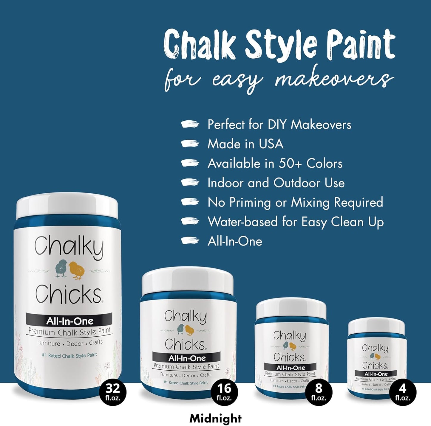 Chalky Chicks All-in-One Chalk Paint for Furniture or Cabinet - 4 Fl Oz - Matte Finish Midnight (Peacock Blue) for Metal, Wood Furniture Paint - No Sanding All-in-One for Home Decor & Crafts, USA Made