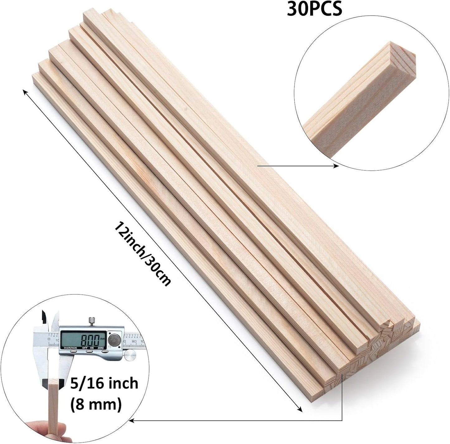 Square Wooden Dowels Wood Dowel Rods 5/16" x 12", 30 PCS Square Wooden Sticks for Crafts, Unfinished Hardwood Sticks Wood Strips Slats for Crafting, Woodworking, Model Making, Home Decor
