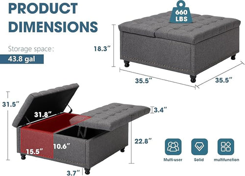 36" Large Square Ottoman with Storage, Tufted Upholstered Storage Ottoman with - Image 2
