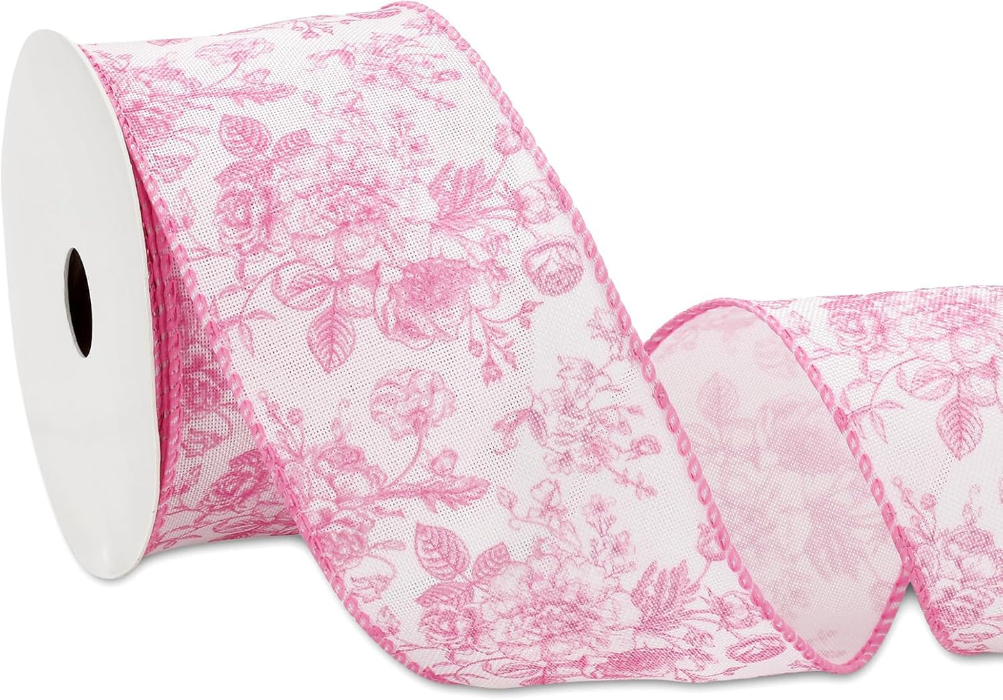 AnyDesign Floral Wired Edge Ribbon Roll Pink Flower Ribbon Chinoiserie Fabric Ribbon for Wreath Bow Making DIY Crafts Gift Wrapping, 12 Yard
