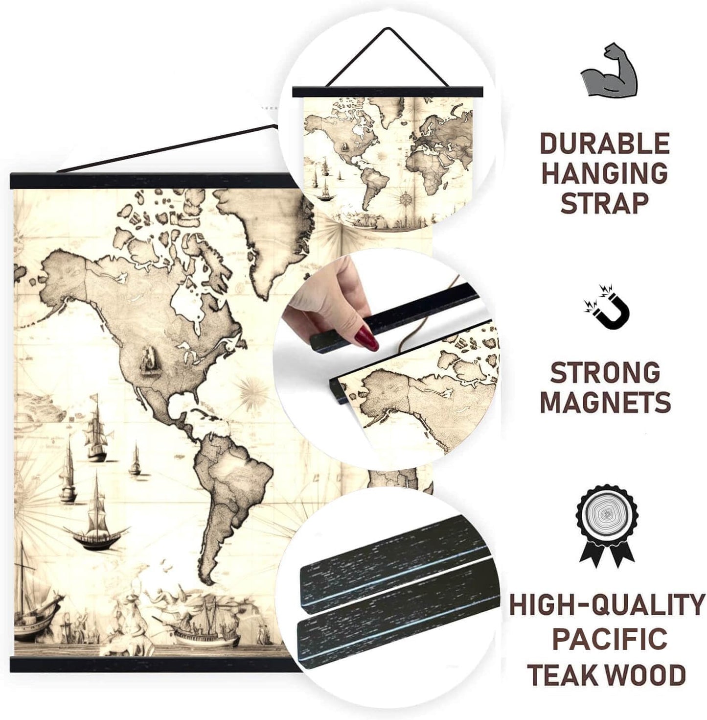 DACRI HOME 52" Magnetic Poster Hanger Frame - Sturdy Teak Wood Poster Frame 52x20 52x32 52x36, Strong Magnets for Easy Hanging Map Picture Canvas Print Scroll Wall Art (52 Inch, Black)