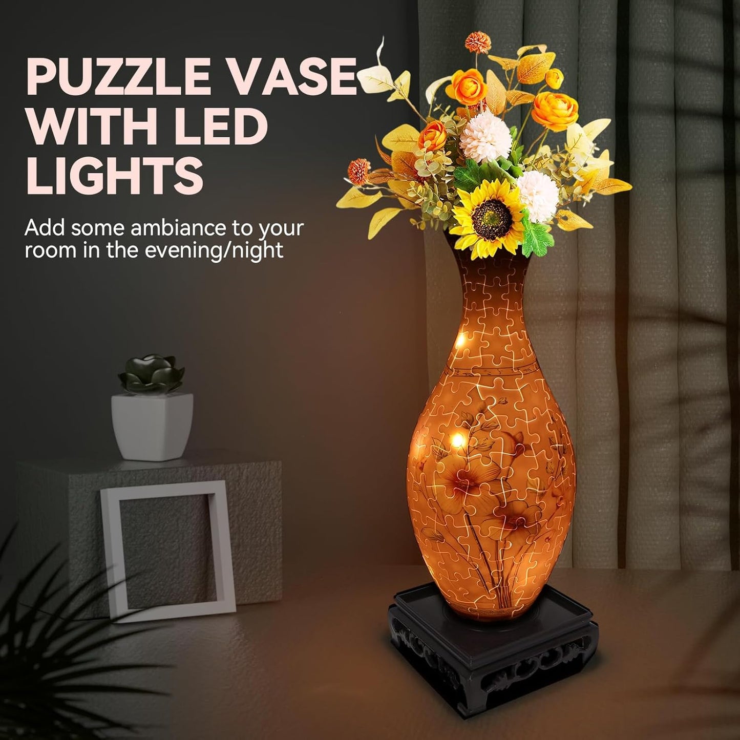 3D Puzzles Vase for Adults, Birthday Gifts for Women, 160 Pieces Plastic DIY Unique Flower Vase with LED Light, Crafts for Adults House Warming Gift for Flower Arrangements and Home Decor (Pink)