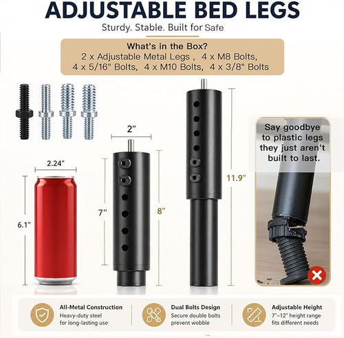 7-12 Inch Adjustable Bed Base Legs, Heavy Duty Metal Replacement Kit - Image 2