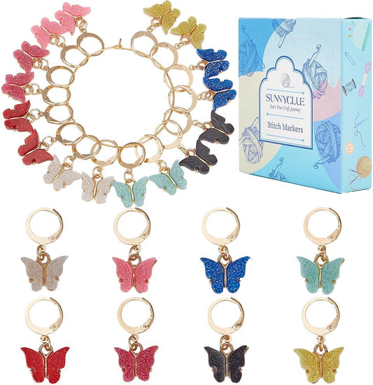 SUNNYCLUE 1 Box 16Pcs 8 Colors Knitting Crochet Markers Knitting Markers Charms Spring Butterfly Crochet Leverback Charms for Weaving Sewing Needleworks Women Adults DIY Supplies