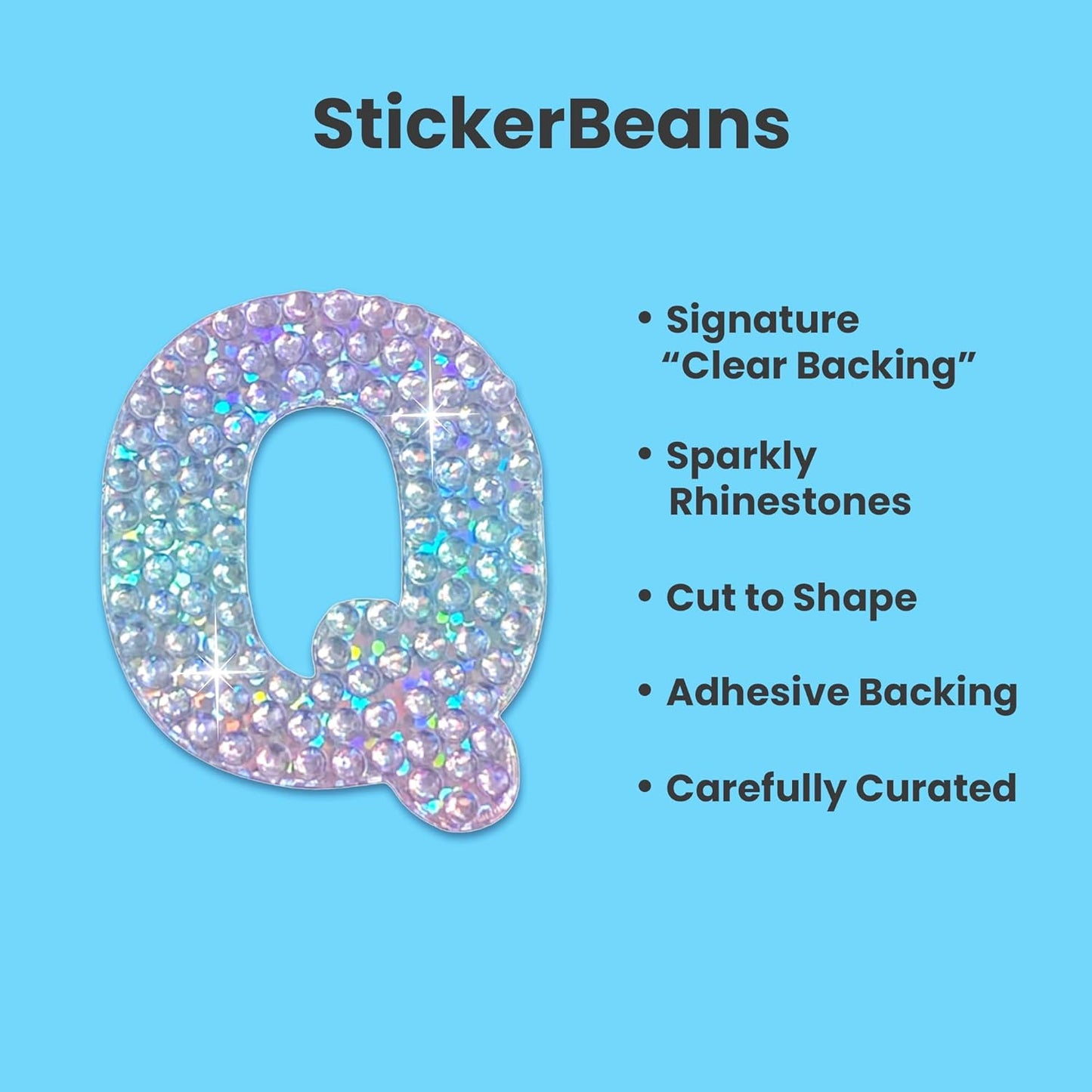 StickerBeans® Rhinestone Alphabet Letter Sticker Q - Unique Sparkly Design 2” x 2” Cut-to-Shape Adhesive - Personalization, Collecting, Gifting, Scrapbooking, Decorating Laptops, Phone Cases, All Ages