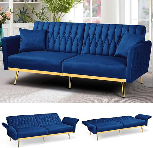 70” Velvet Futon Sofa Bed w/Adjustable Armrests and Backrest, Convertible Futon by ACMEASE