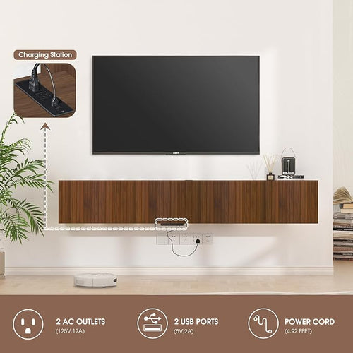 71” Floating TV Stand with LED Lights & Charging Station, Wall Mounted - Image 2