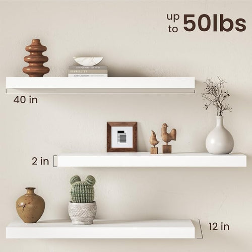 40Inch White Floating Shelves for Wall, 12 Inch Deep Shelves for Bedroom - Image 2