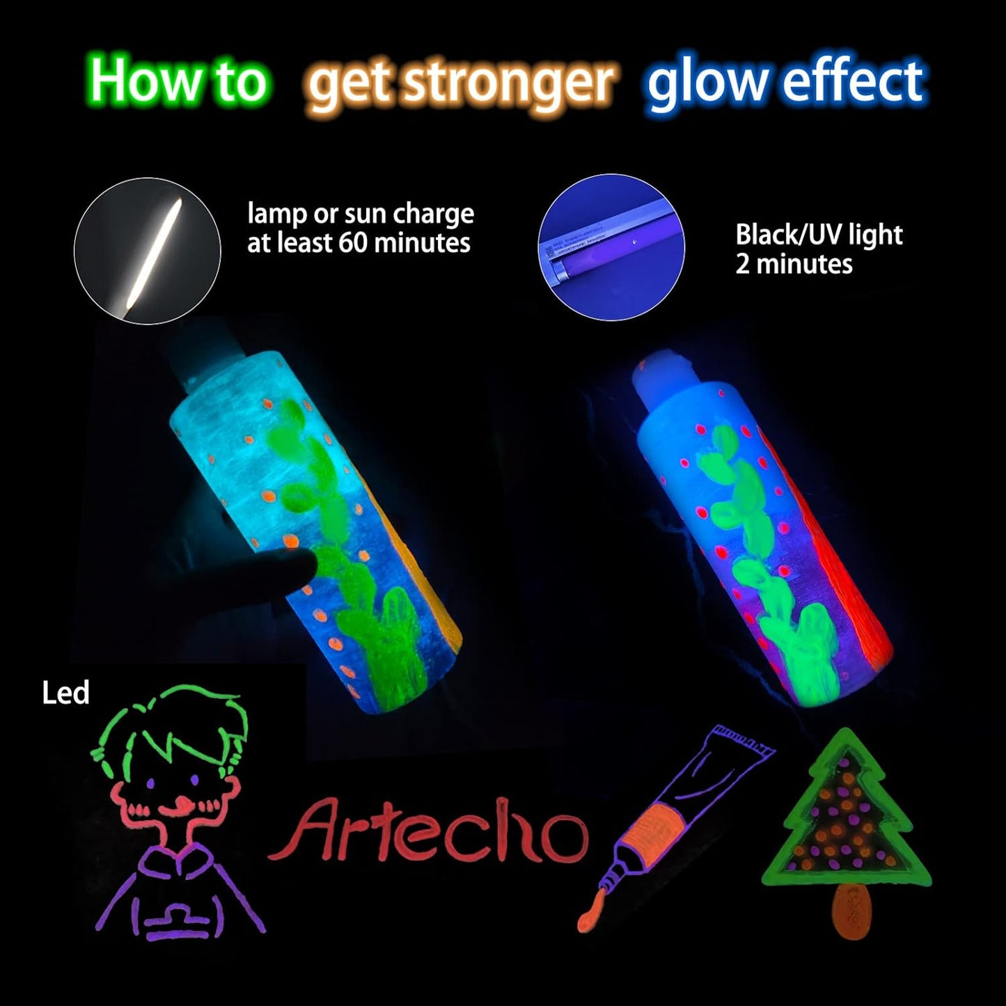 Artecho Glow in the Dark Paint 6 Colors, 120 ml / 4 oz Acrylic Paint for Decoration, Art Painting, Outdoor and Indoor Art Craft, Supplies for Canvas, Rock, Wood, Waterproof Rich Pigments