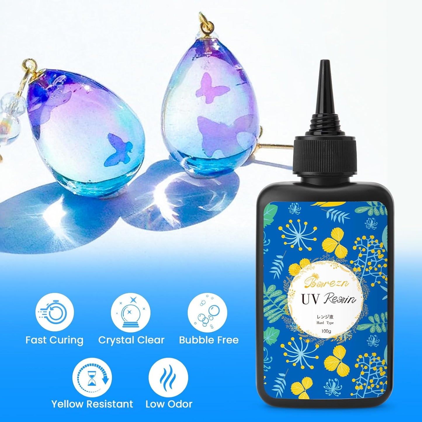 Bsrezn 200g UV Resin Kit with Upgraded Light 18 Beads, Crystal Clear Solar Activated UV Epoxy Resin for Jewelry Making (100g x 2)