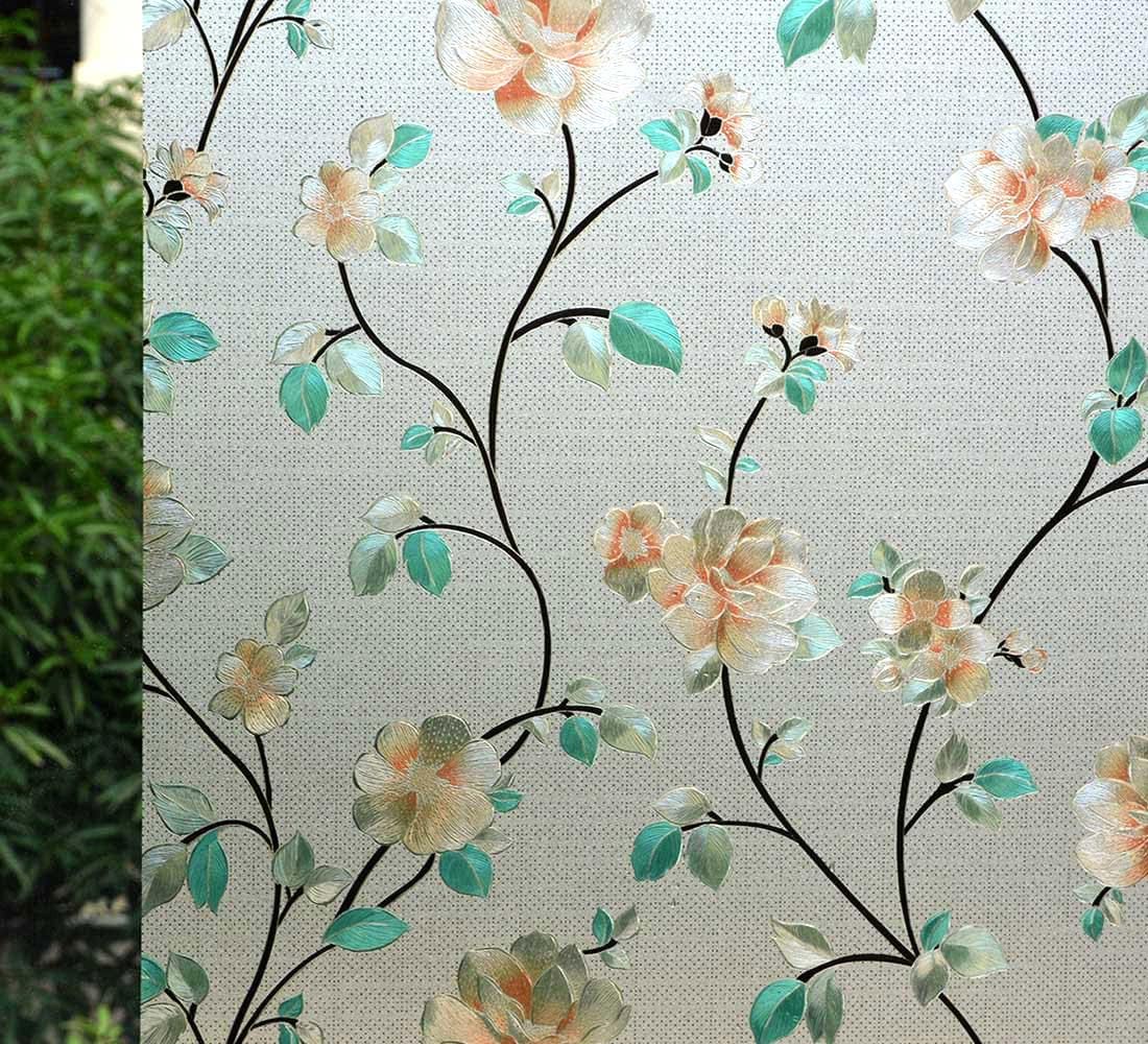 VSUDO Static Cling Decorative Window Privacy Film – Frosted Privacy Window Film with Jasmine Floral & Stained Glass Design, Adhesive-Free Tint for Home, Bathroom & Office (35.4" x 118.1")