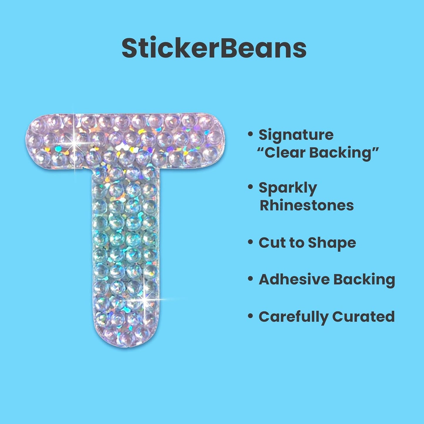 StickerBeans® Rhinestone Alphabet Letter Sticker T - Unique Sparkly Design 2” x 2” Cut-to-Shape Adhesive - Personalization, Collecting, Gifting, Scrapbooking, Decorating Laptops, Phone Cases, All Ages