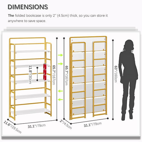 4NM No Assembly Extra Wide 5 Tiers Folding Bookshelf Storage Shelves Vintage - Image 2