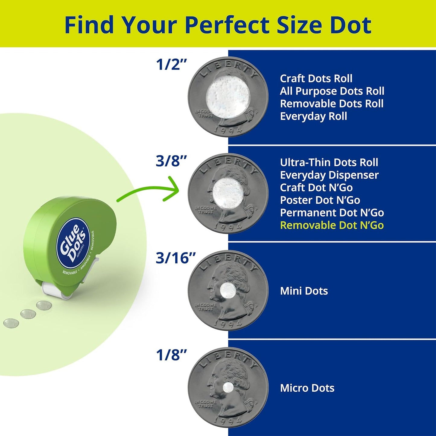 Glue Dots, Removable Dots Dot N' Go Dispenser, Double-Sided, 3/8", .38 Inch, 1200 Dots, DIY Craft Glue Tape, Sticky Adhesive Glue Points, Liquid Glue Alternative, Clear, 6 Pack