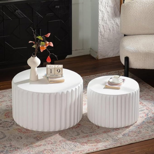 46.46'' White Round Coffee Table Set of 2, Modern Circle Fluted Drum Nesting by JJKFurniture-kevinplus