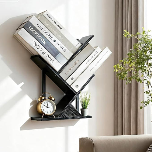 3 Tier Small Tree Bookshelf Black Floating Book Shelves by BESHIGH