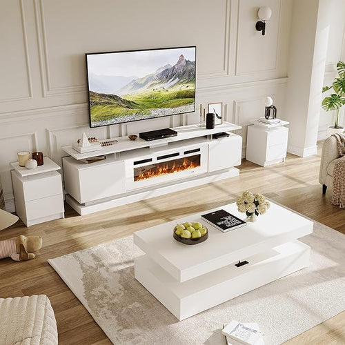 4-Piece Modern Living Room Table Set, Includes High Gloss 70" Fireplace TV Stand by Nordivale