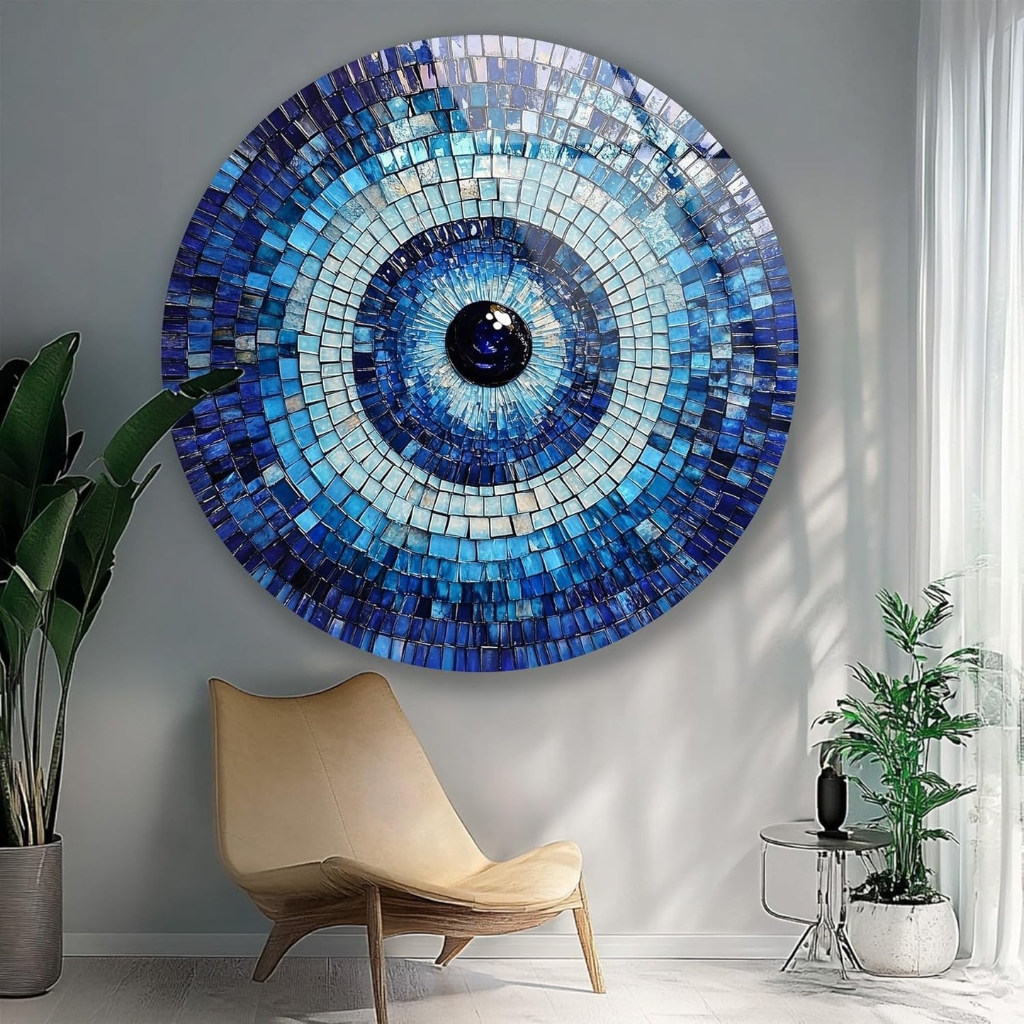 My Photostation.com 31.5''(80cm) Diameter Blue Mosaic Evil Eye Round Glass Wall Art Tempered Glass Printing Wall Decor Large Wall Art Wall Hangings