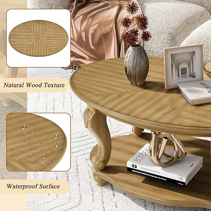 Oval Wood Coffee Table for Living Room, 2-Tier Solid Wood Coffee Table - Image 4