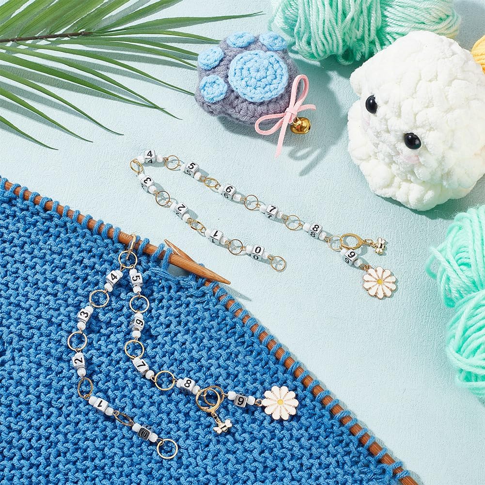 NBEADS 2 Pcs Flower and Bee Knitting Row Counter Chains, Number Beads Acrylic Stitch Markers Row Counting Accessories for Knitting Crochet Tracking Project Progress
