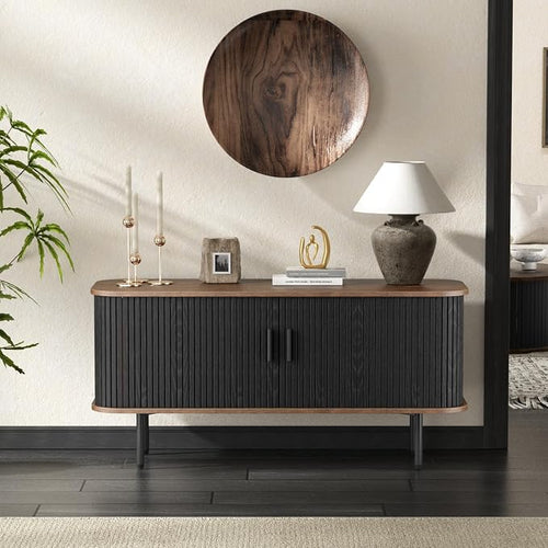 47''W Black Cabinet with Storage, Media Console, Tambour TV Stand, Television by FiveWillowise