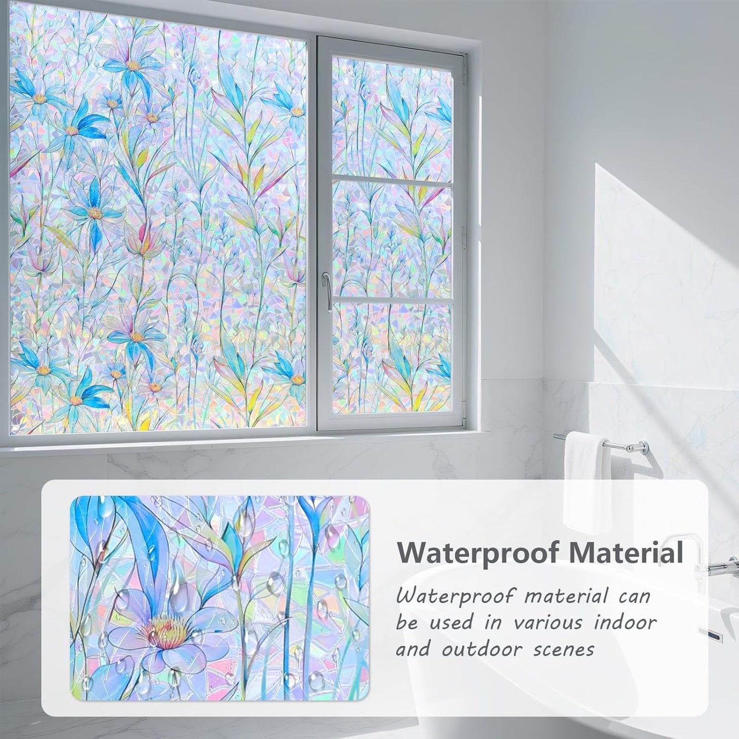 FINNEZ Window Privacy Film Stain Glass Film Flowers Rainbow Window Film Window Clings Non-Adhesive Reusable Decorative for Home（Blue Lotus，17.5 Inch x 13.1 Feet）