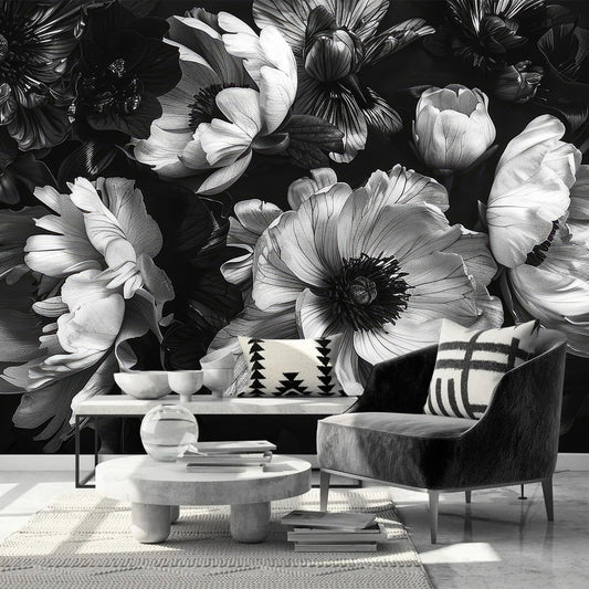AFZEVEB-Black Peony Floral Wallpaper Vintage Large Flower Wall murals for Bedroom 159"x107"(Not Peel and Stick)