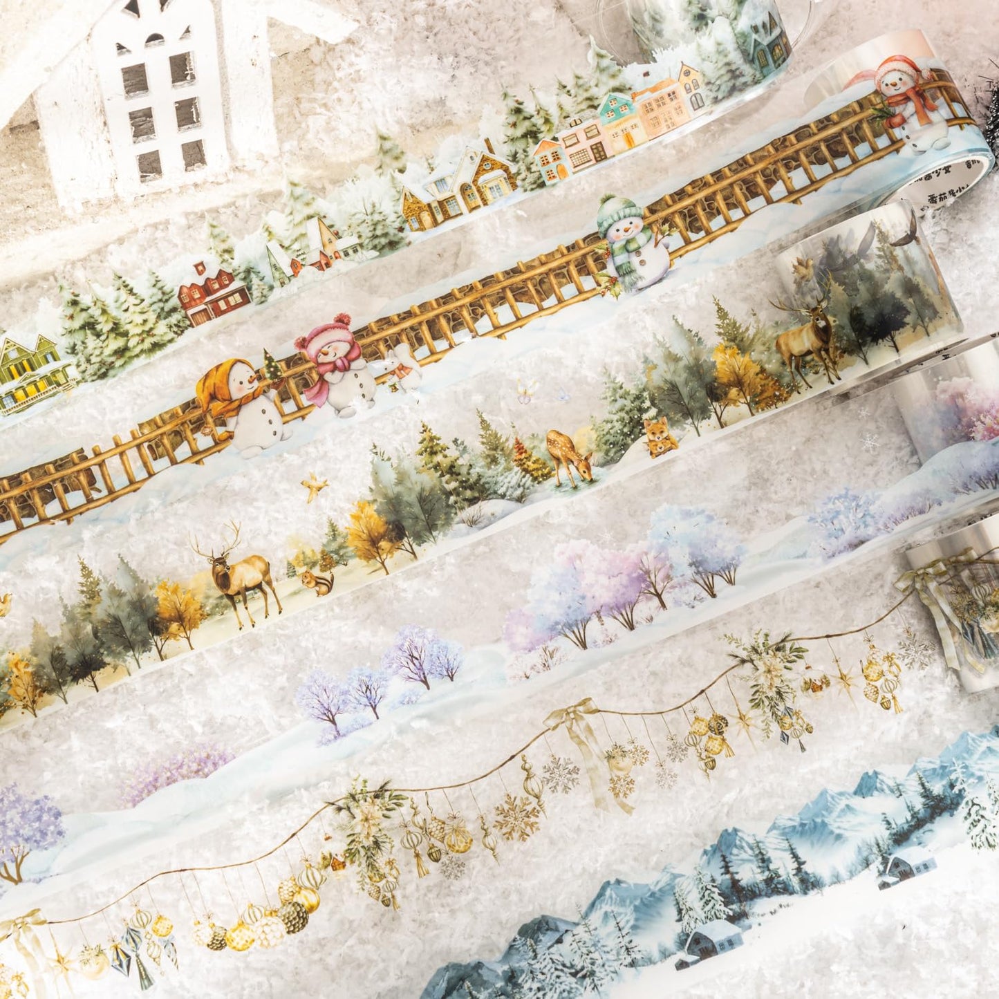 6 Rolls Winter PET Tape Set, Landscape Stickers for Journaling, Scrapbooking, and DIY Crafts, with Decorative Clip