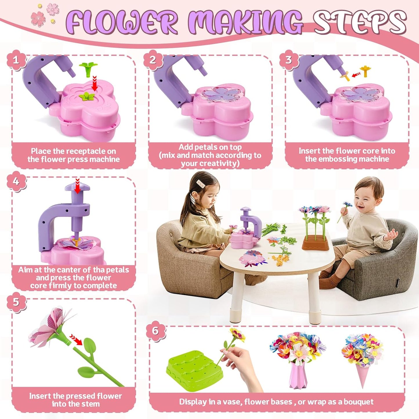 Fabric Flower Bouquets Toys – Mess-Free Flower Crafts for Kids & DIY Arts and Kid Crafts for Ages 3 4 5 6 7 8 9+, No Glue Needed, Fun Early Educational STEM Gift for Birthdays, Christmas, Holidays