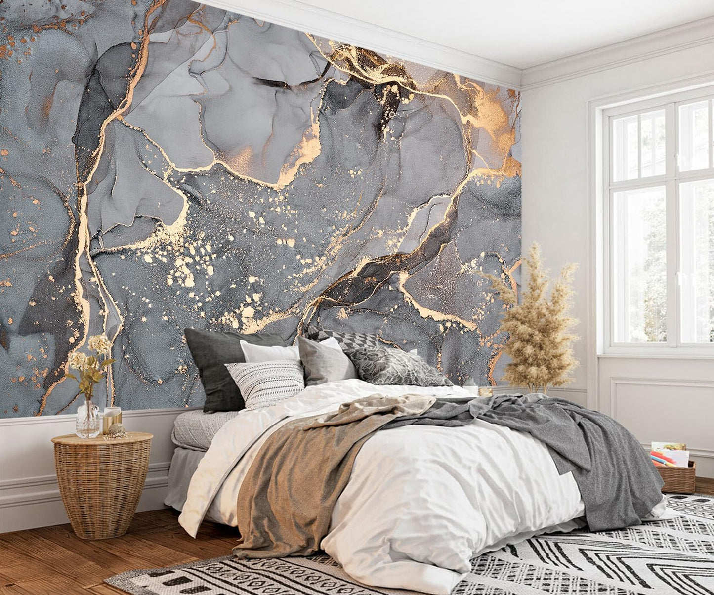 AFZEVEB-Gray and Gold Marble Wallpaper Wall murals for Bedroom 136"x96"(Not Peel and Stick)