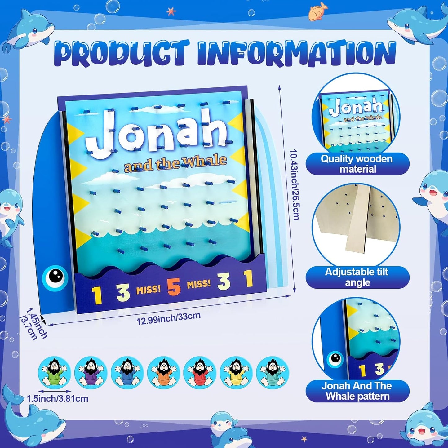 8 Pcs Jonah and The Whale Halloween Disk Drop Game Wood Tabletop Religious Disc Drop Game Halloween Party Favors for Family Table Activities Birthday Party Supplies 13 x 10.2 Inches