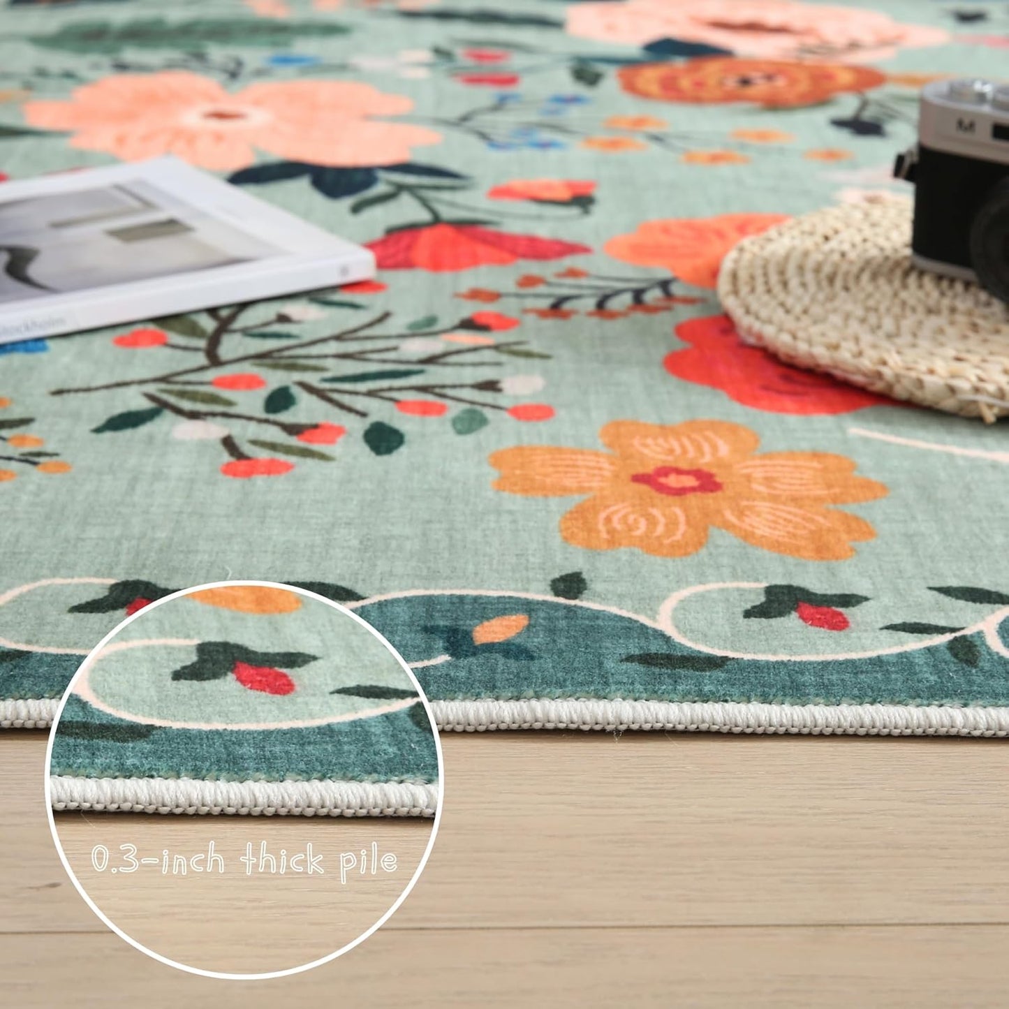 Rugcomf Bedroom Rug 3x5 Rug Washable Area Rug Non Slip Low Pile Boho Floral Small Carpet for Bedroom, Bedside, Kitchen, Entryway, Kids Room, Office, College Dorm Essentials for Girls(Green)