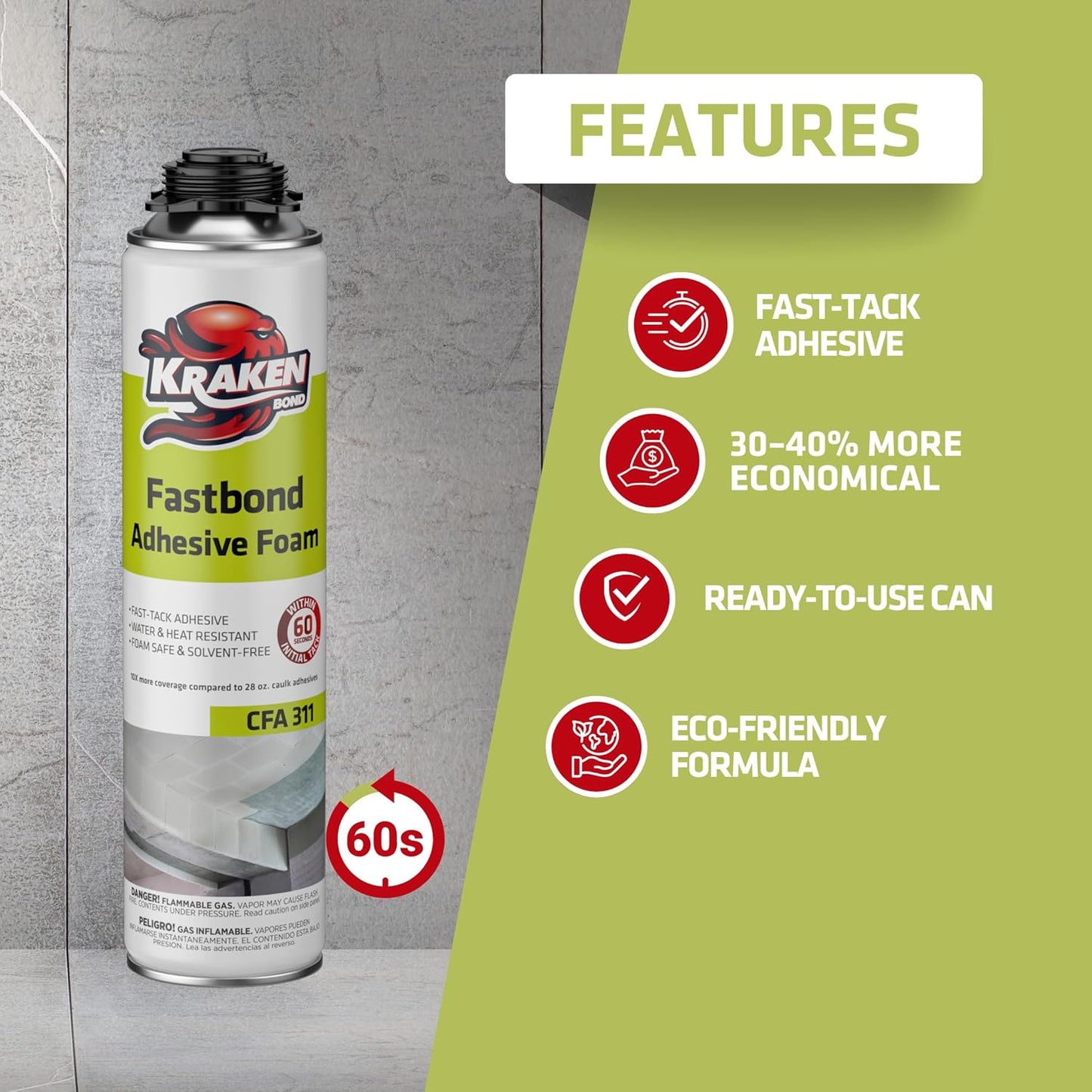 Kraken Bond Fastbond Spray Foam Adhesive (2x24oz.) - Heavy Duty Construction Adhesive for Insulation, Wall & Facade, Concrete, Stone, Subfloor, XPS & EPS Foam Board, Gun&Cleaner Included | 2 Pack