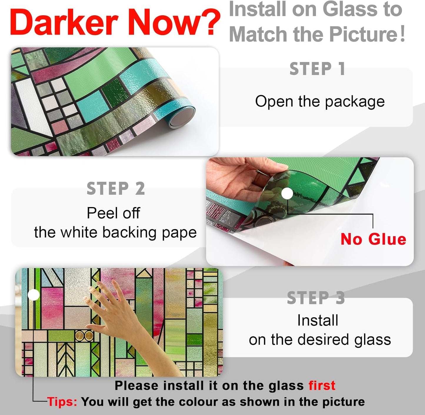 3D Stained Glass Window Privacy Film, Heat Control UV Blocking Static Cling Decorative Window Film for Bathroom,Front Door,Home Non Adhesive,Colorblock 16.9 x 39.3 inches