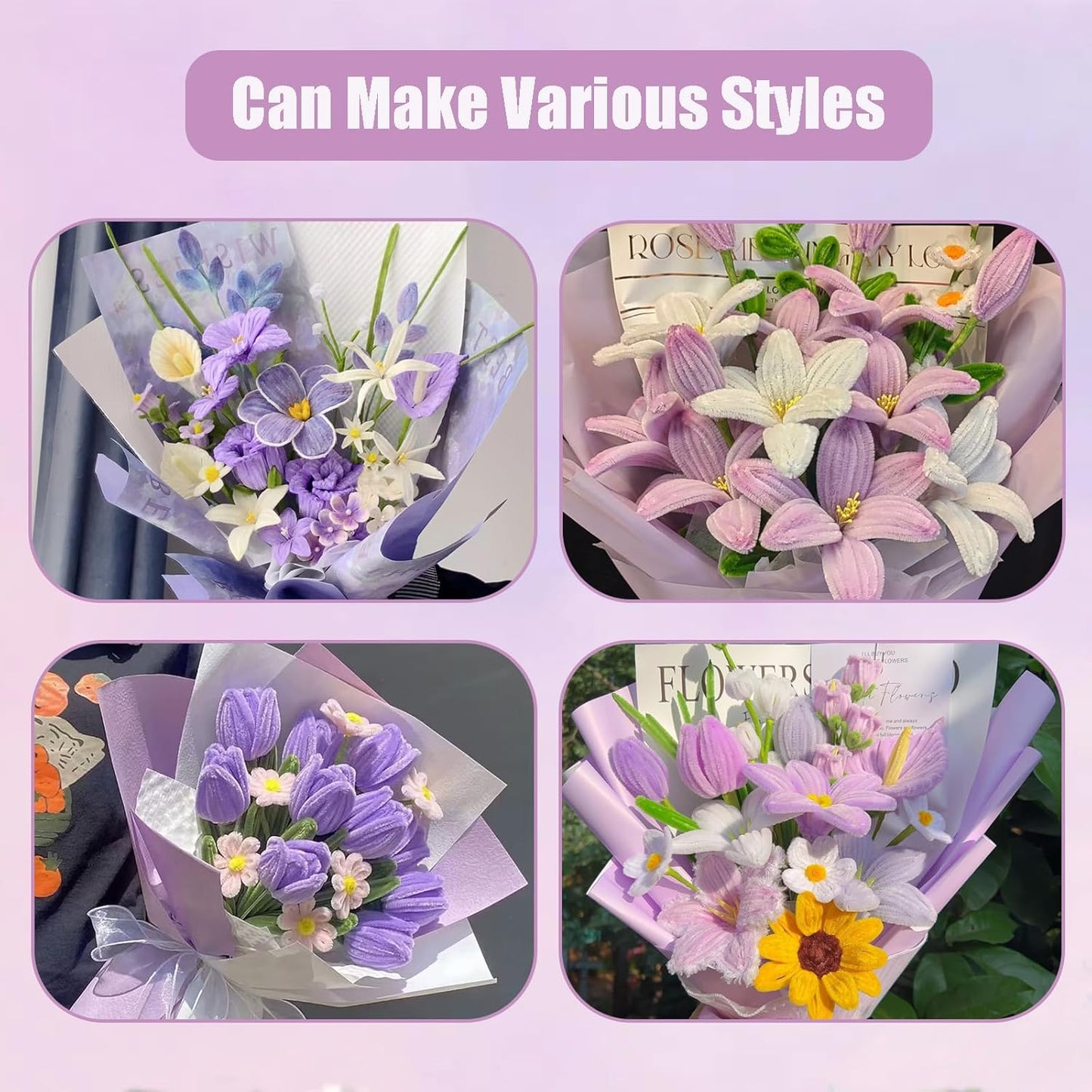 LansinLife 400 Pcs Pipe Cleaners Craft Set, 4 Assorted Pipe Cleaners Bulk, Chenille Stems for DIY Flower Making Kit with Floral Stems, Gardening Tape, Stamen, Ribbon for DIY Bouquet Gift (Purple)