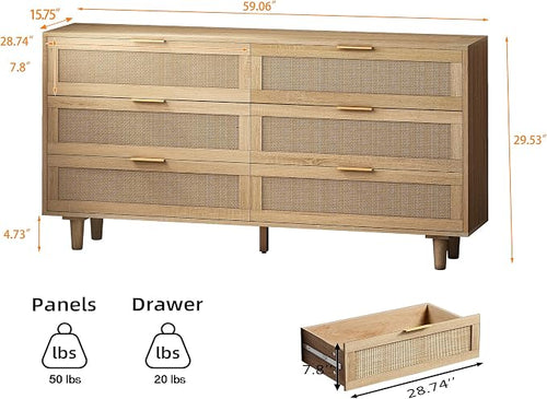 6 Drawer Double Dresser for Bedroom, Natural Rattan Modern Drawer Chest - Image 2