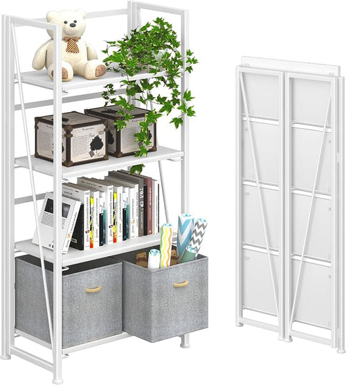 4NM No Assembly Folding Bookshelf Storage Shelves 4 Tiers Vintage Bookcase by 4NM