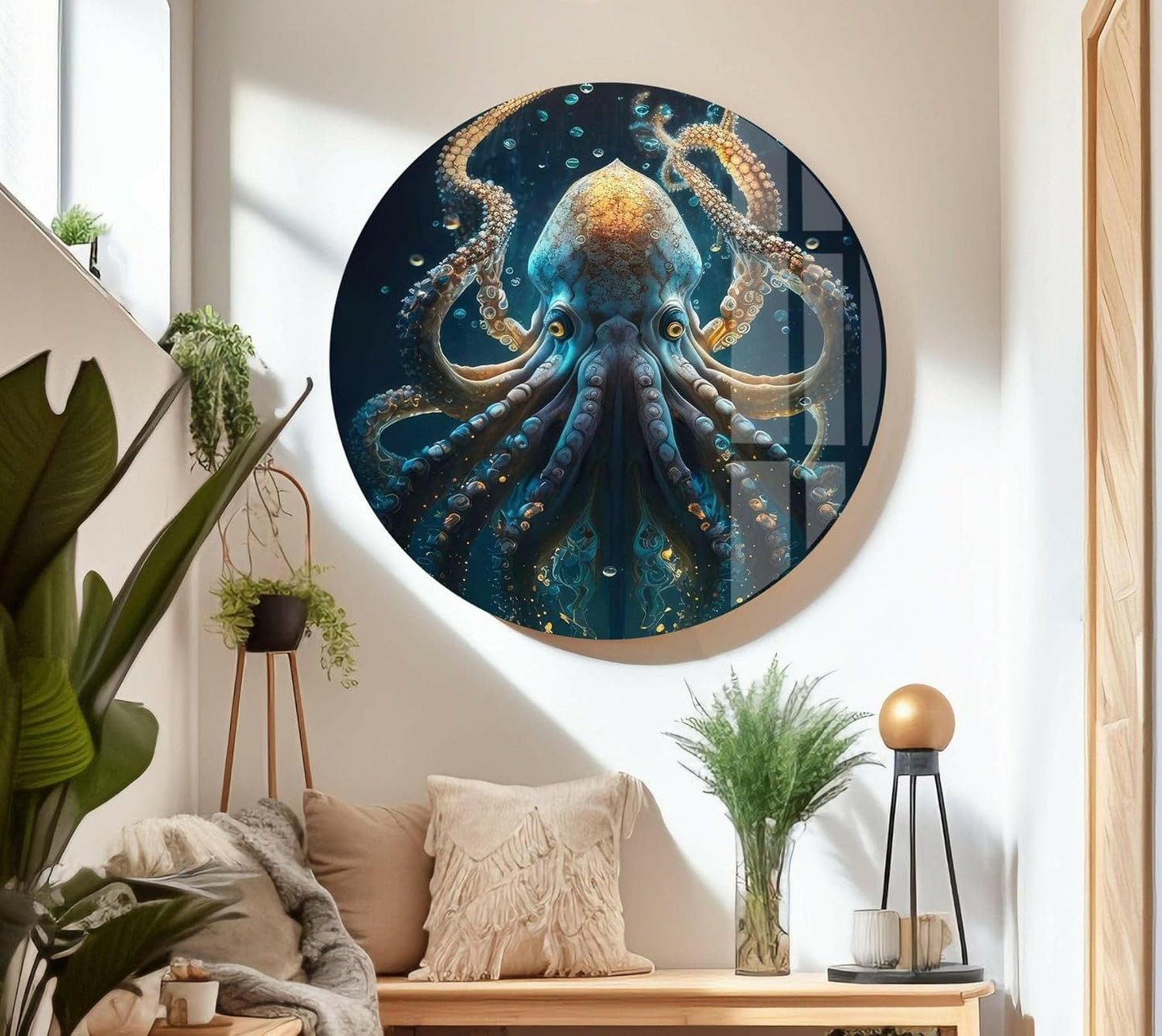 My Photostation.com 30Wx35.5H'' Underwater Blue Octopus Glass Wall Art Tempered Glass Printing Wall Decor Large Wall Art Wall Hangings