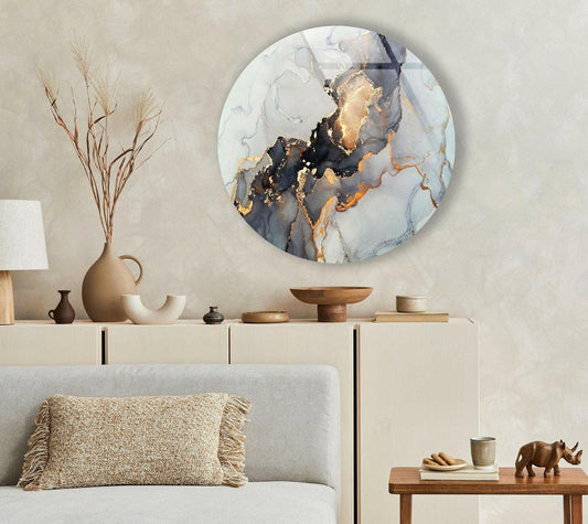 My Photostation.com 20''(50cm) Diameter Gold Details Gray Marble Round Glass Wall Art Tempered Glass Printing Wall Decor Large Wall Art Wall Hangings