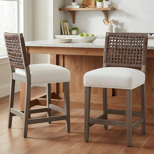 27-Inch Midcentury Modern Counter Stools, Wooden Wicker Stool Chairs by DMFurniture