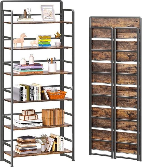 4NM No Assembly 6 Tiers Folding Bookshelf Storage Shelves Vintage Bookcase by 4NM