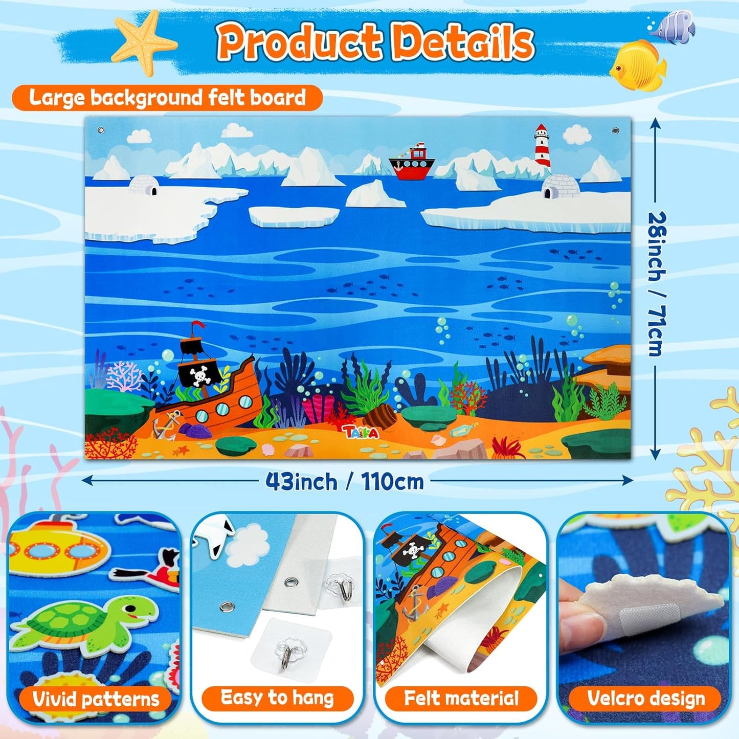 Taika 70 Pcs Ocean Felt Story Board Set, 43x28 inch Interactive Felt Story, Fuzzy Flannel Board, Preschool Storytelling, Classroom Educational Learning Play Kit, Interactive Teaching Kit