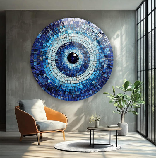 My Photostation.com 10''(25cm) Diameter Blue Mosaic Evil Eye Round Glass Wall Art Tempered Glass Printing Wall Decor Large Wall Art Wall Hangings