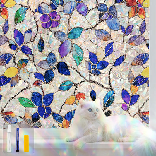 Stained Glass Window Privacy Film Decorative Rainbow Static Clings – Ideal for Home & Office, Adhesive-Free, Removable, UV-Blocking(Purple Rainbow, 23.6 X 78.7 in)