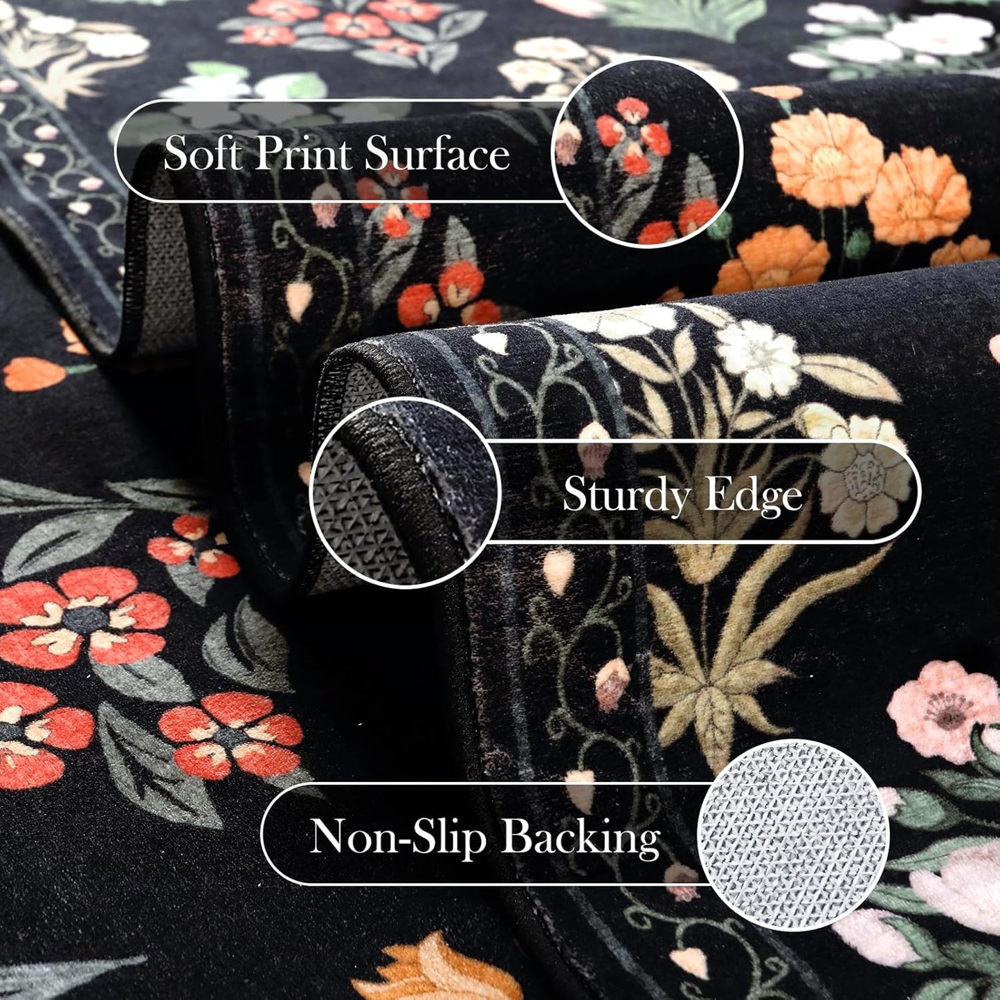 Wonnitar Floral Print Rug for Living Room, Black Washable 5x7 Area Rugs, Ultra-Thin Non Slip Stain Resistant Bedroom Carpet for Dining Room Playroom Office Dorm, Black/Multi