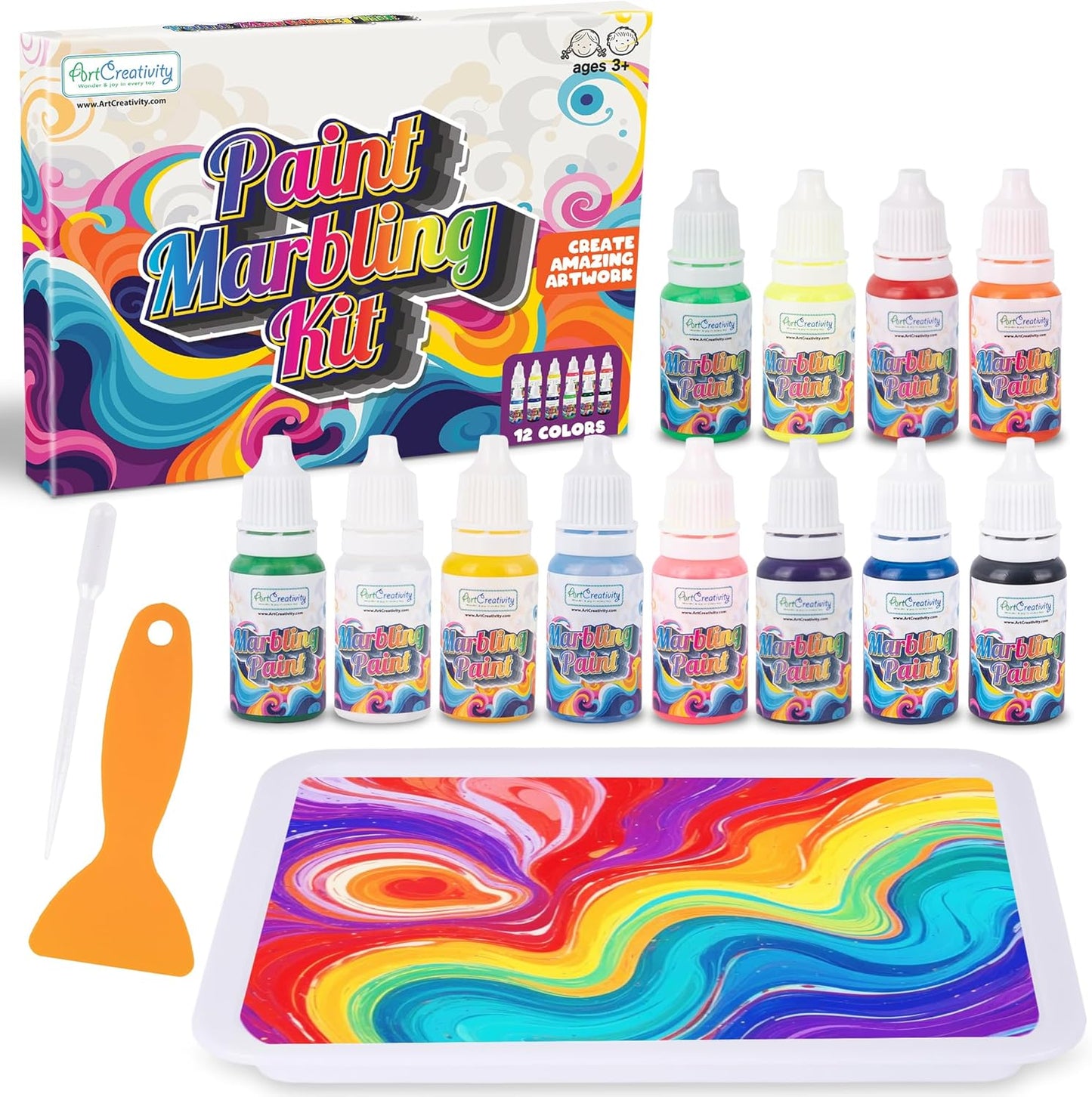 ArtCreativity Water Marbling Paint Art Kit for Kids - Complete Set with 12 Paint Colors, 10 Bags Thickening Powder, 10 A5 Papers, and More - Marble Art Painting Kit - Crafts for Kids Ages 3 and Up