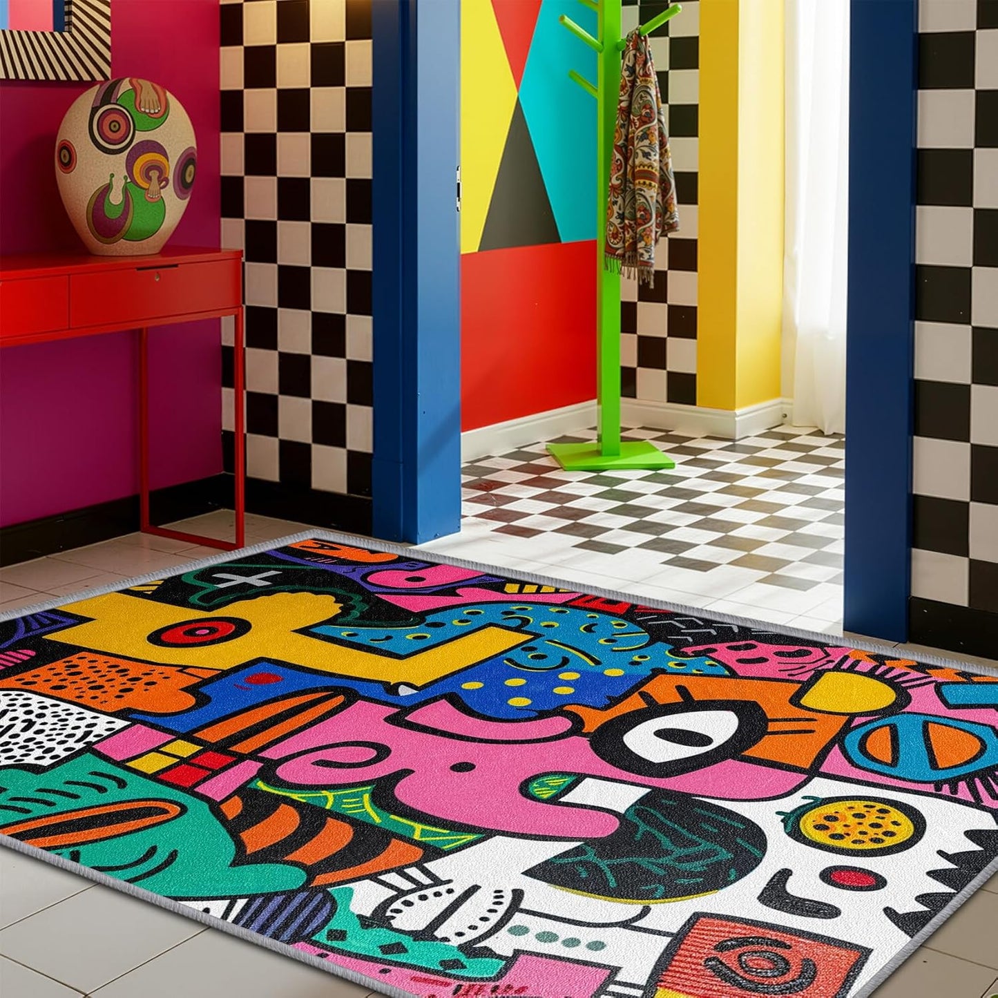 Abstract Rug 5x7-5x8 Rug - Abstract Rug - Colorful Pop Art Area Rug - Modern Geometric Graffiti Rugs - Multicolor Artistic Carpet - Home Decor