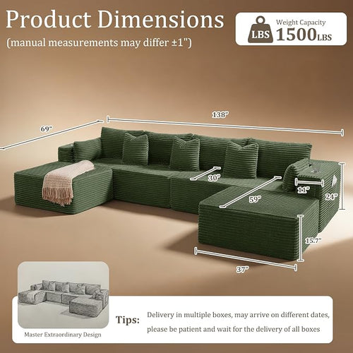 138" Cloud Sectional Couch, Comfort U Shaped Sofa - Image 2